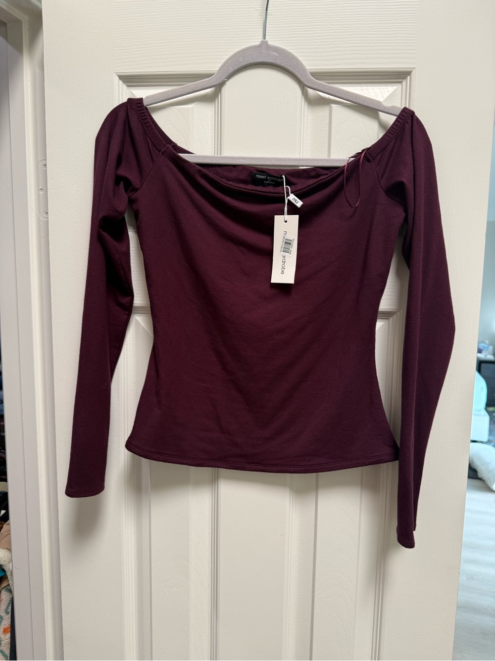 naked wardrobe Off-the-Shoulder Long Sleeve Top in Plum